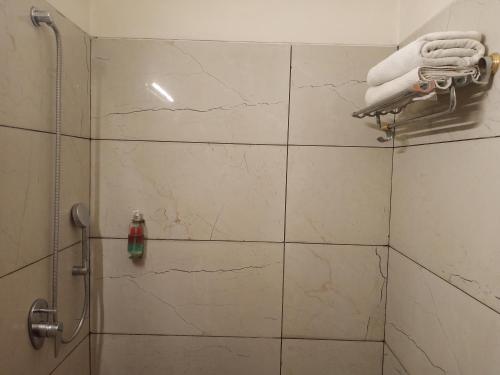 a bathroom with a shower with marble tiles at Indiana Classic in Jaipur