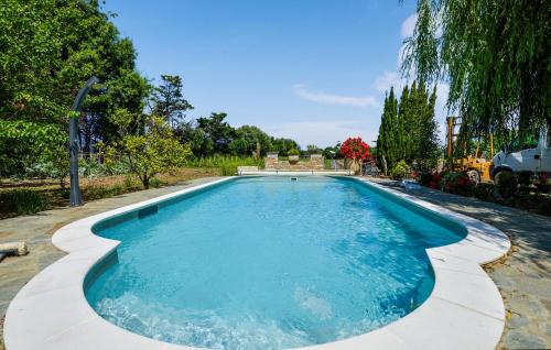une piscine avec de l'eau bleue dans une cour dans l'établissement Pet Friendly Apartment In Furiani, à Furiani
