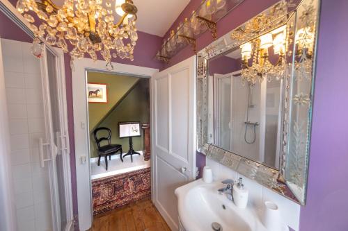 a bathroom with a sink and a mirror at Centre historique de LYONS LA FORET Hotel de Maître le Cottage in Lyons-la-Forêt