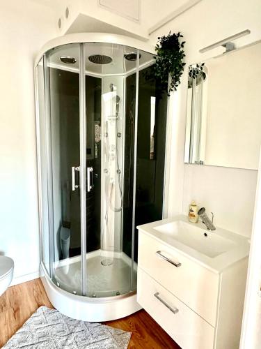 une salle de bain avec une douche en verre et un lavabo dans l'établissement Studio cosy face à l'église, à Le Mas-dʼAgenais