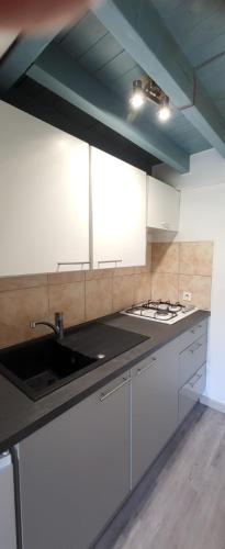 une cuisine avec des armoires blanches et un évier dans l'établissement Gîte Bastide la Palmeraie - au calme, dans propriété, parking assuré, à Saint-Paul-de-Vence