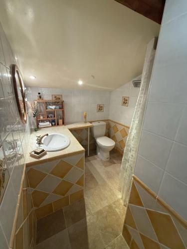 une salle de bain avec un lavabo, des toilettes et une douche dans l'établissement Le Paradis Marin, aux Lecques