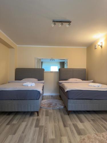 two beds in a room with a window at Plav Serviced Apartments by Doni in Plav
