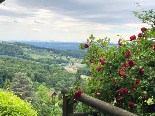 une vue de la vallée depuis une montagne avec des roses dans l'établissement Kellerstöckl am Rosenberg, à Straden