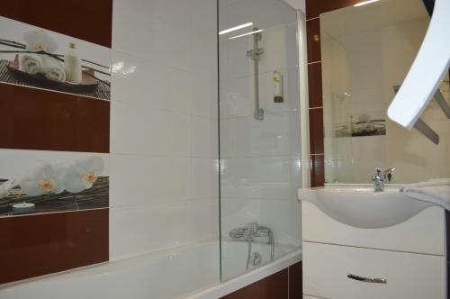 a bathroom with a shower and a sink at Logis Hôtel & Restaurant - Le Bretagne in Sillé-le-Guillaume