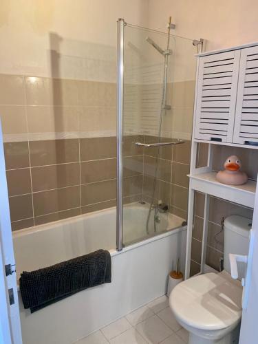 une salle de bain avec une baignoire, des toilettes et une douche dans l'établissement Camelia, à Saint-Jean-de-Monts