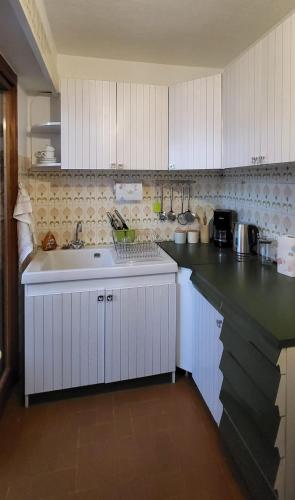 une cuisine avec des armoires blanches et un évier dans l'établissement La plage et les commerces accessibles à pied, à Cannes