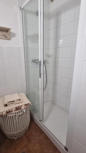 une douche avec une porte vitrée dans une salle de bain dans l'établissement La plage et les commerces accessibles à pied, à Cannes