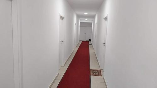 a corridor with a red carpet in a white hallway at 吴民宿 in Bergisch Gladbach