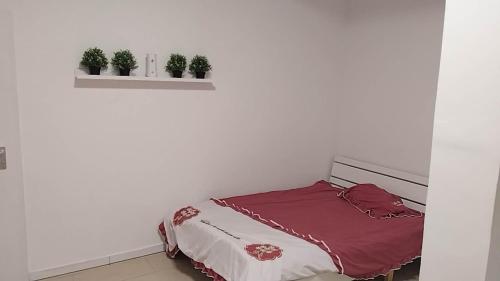 a bedroom with a bed and two plants on a shelf at 吴民宿 in Bergisch Gladbach