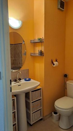 une salle de bain avec un lavabo, des toilettes et un miroir dans l'établissement Appartement calme et idéalement situé, à Fréjus