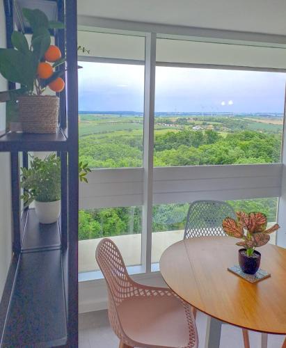 une table et des chaises dans une pièce avec une fenêtre dans l'établissement Le Duplex du Corbusier - Briey, 