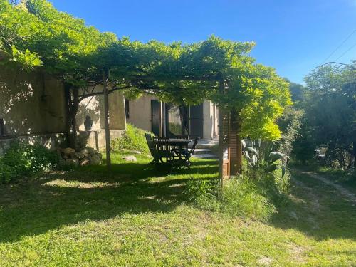 un banc assis sous une pergola dans une cour dans l'établissement La Petite Maison des Baous, à Saint-Jeannet