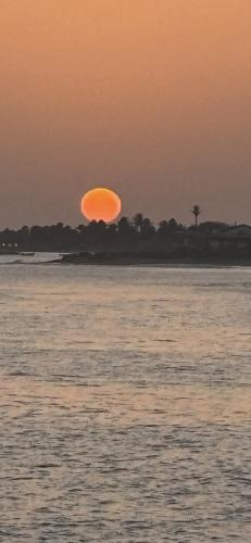 a sunset over the water with a tree in the horizon at Stay, laugh, repeat! in Prainha