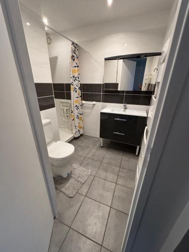 une salle de bain avec toilettes et lavabo dans l'établissement Appartement au bord de mer, à La Ciotat
