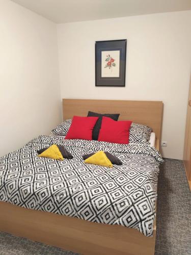 a bedroom with a bed with red and black pillows at Apartments Merci in Ostrava