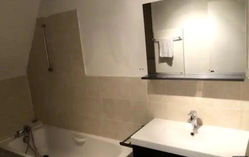 une salle de bain avec un lavabo, un miroir et une baignoire dans l'établissement Le gîte du Manoir Normand, à Saint-Philbert-des-Champs