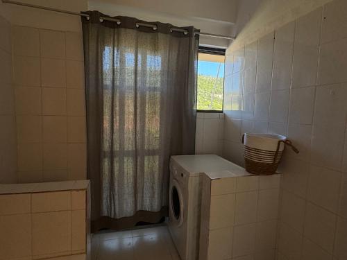 a washing machine in a bathroom with a window at Koala Place in Vasiliki