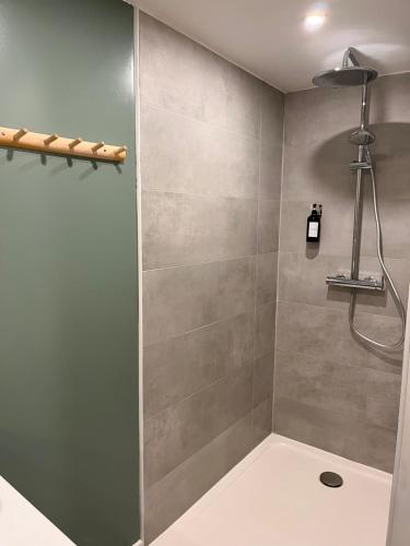 a shower with a glass door in a bathroom at Le Quarante cinq -5 in Laval