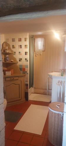 Cette chambre dispose d'une cuisine avec une table et un évier. dans l'établissement Le Jas des Sagnières - Gite de Charme en Haute Provence -, à Sigoyer