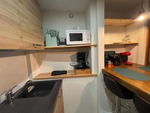 une petite cuisine avec un évier et un micro-ondes dans l'établissement Maisonnette de village, à Larroque-Toirac