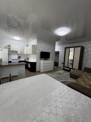 a large room with a large bed and a kitchen at Однокомнатная Квартира 3 in Balqash