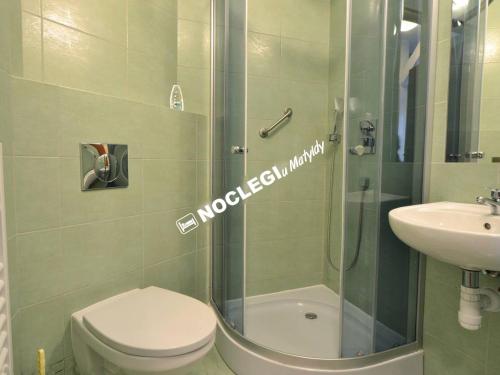 a bathroom with a shower and a toilet and a sink at Noclegi u Matyldy in Marklowice