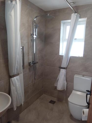 a bathroom with a shower and a toilet and a sink at Coble Cottage in Staithes