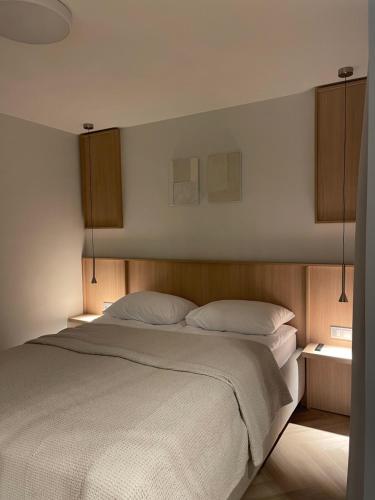 梅尔尼拉杰APARTAMENTAI SPA MORENA Klaipėda的一间卧室，配有一张大床和两个枕头