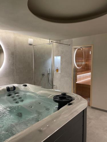 梅尔尼拉杰APARTAMENTAI SPA MORENA Klaipėda的设有带大浴缸和淋浴的浴室