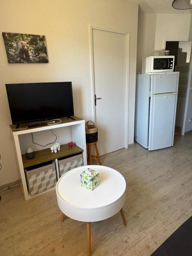 - un salon avec une télévision et un réfrigérateur blanc dans l'établissement Appartement T2 Font-Romeu, à Font-Romeu-Odeillo-Via