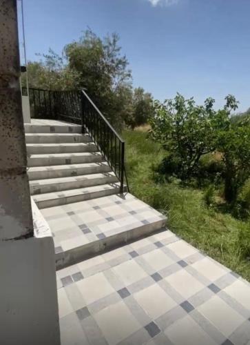 a set of stairs leading up a hill with grass at Leith Holiday Home in ‘Ayn Jannā
