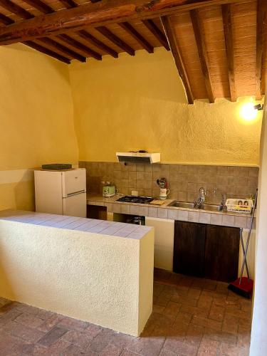 a kitchen with a white refrigerator and a sink at Podere Campalfi, Large Apartment in Stigliano