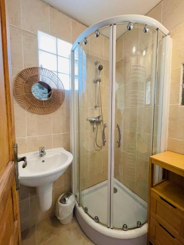 une salle de bain avec douche et lavabo dans l'établissement Mas D'en Portes, à Villelongue-dels-Monts