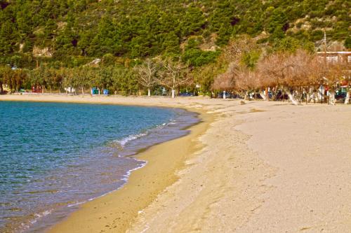 a beach with the ocean and people walking on it at Meltemi Marmaras in Neos Marmaras