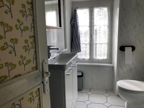 une salle de bain avec un lavabo et des toilettes dans l'établissement CAP vacances - GR34, à Cléden-Cap-Sizun