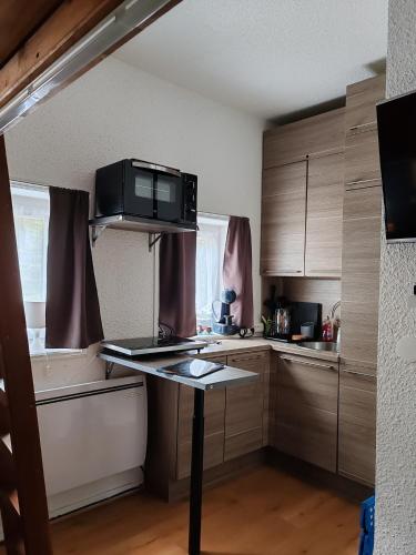 une petite cuisine avec une cuisinière et un micro-ondes dans l'établissement Studio Cosy pour 4 personnes en RDC, à Villard-de-Lans