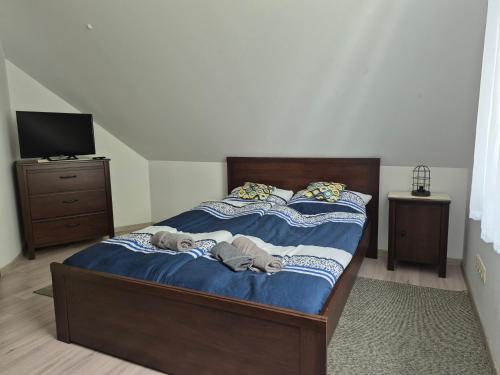 a bedroom with a bed with blue sheets and a tv at Domek na Mazurach-Piasutno in Piasutno