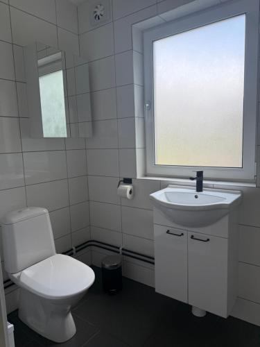 a bathroom with a toilet and a sink and a window at Lomma Camping in Lomma