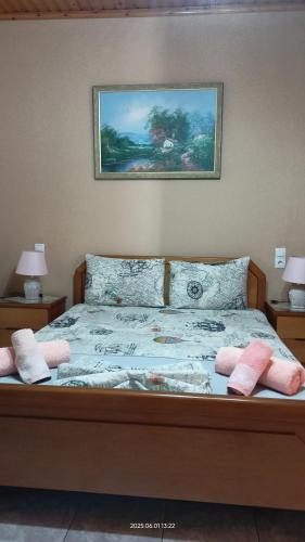 a bed with two pink pillows and a picture on the wall at Yiannis House in Kalabaka