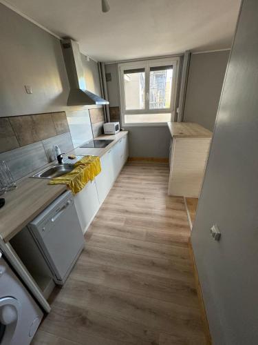 une petite cuisine avec un évier et une cuisinière dans l'établissement Chambres vert bâtiment les cytises 11 ou 13 rue de la motte Nevers 58000, à Nevers