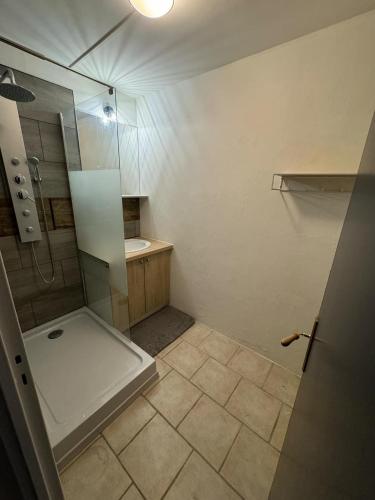 La petite salle de bains est pourvue d'une douche et d'un lavabo. dans l'établissement Chambres vert bâtiment les cytises 11 ou 13 rue de la motte Nevers 58000, à Nevers