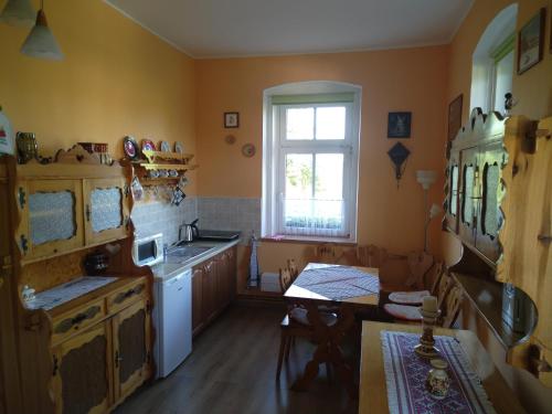 a kitchen with a table and a sink and a window at Apartmán U Bartoloměje in Verneřice