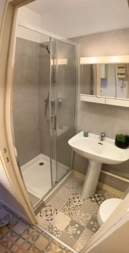 une salle de bain avec une douche, des toilettes et un lavabo dans l'établissement La cabine des docks, au Havre