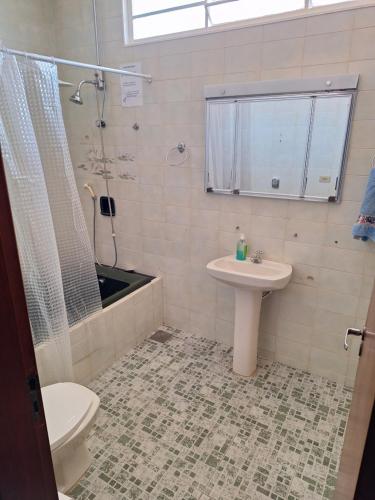 a bathroom with a sink and a shower and a toilet at Casa Assumpção, centro in Brotas
