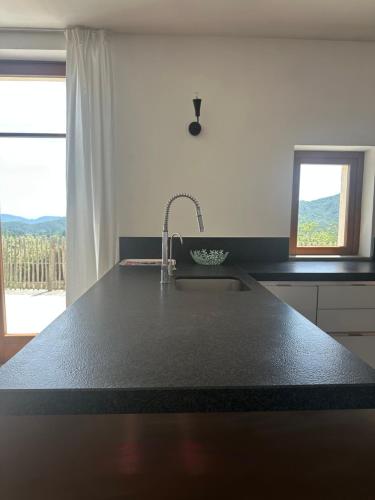 a kitchen with a sink and a black counter top at Collina di Sopra in Tresana