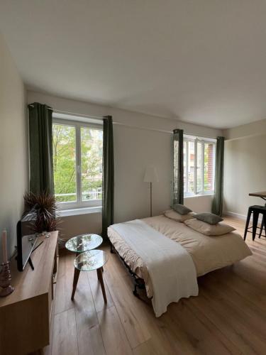 une chambre avec un grand lit et deux fenêtres dans l'établissement Studio au cœur d Amiens, à Amiens