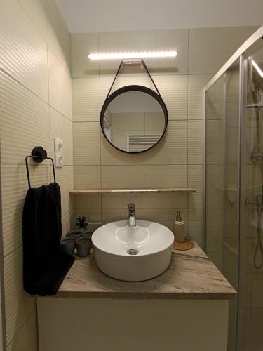 a bathroom with a white sink and a mirror at Panorama Hill in Szombathely