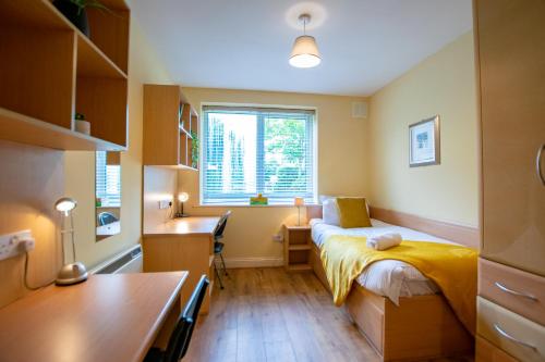 戈尔韦132 - Spacious Apt with Parking的一间卧室，配有一张床、一张书桌和一扇窗户