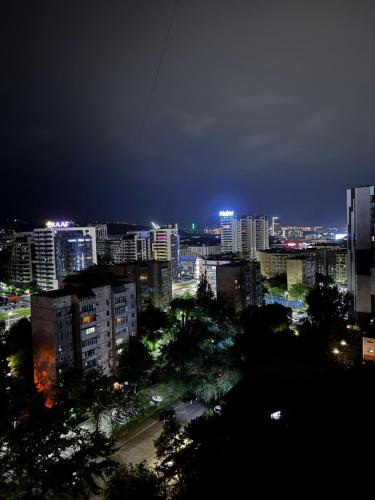 a city skyline at night with buildings and trees at Samal deluxe in Almaty